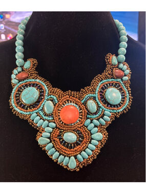 Women's Turquoise & Orange color Beaded Statement Necklace, choker &3” extension